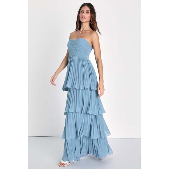 NWOT Lulus Seriously Sensational Light Blue Strapless Tiered Maxi Dress Size L - Picture 4 of 9